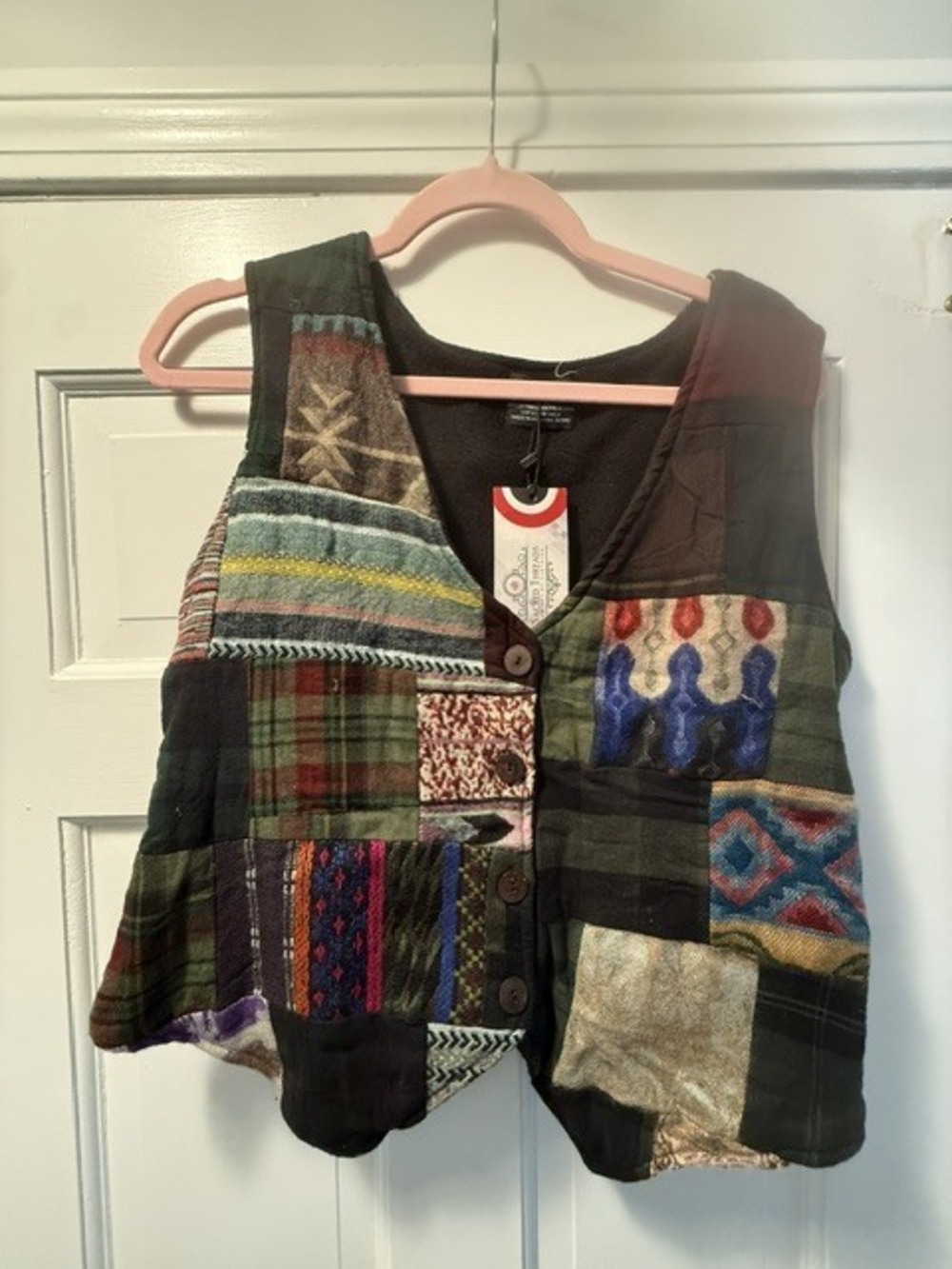 Sacred Threads Patchwork Vest in Multicolor (green, blue, red, brown, cream)